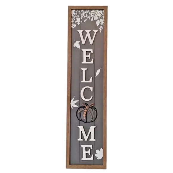 Old East Main Company Freestanding Wood Welcome Sign Pumpkin Flowers Leaves Bead - Picture 1 of 16